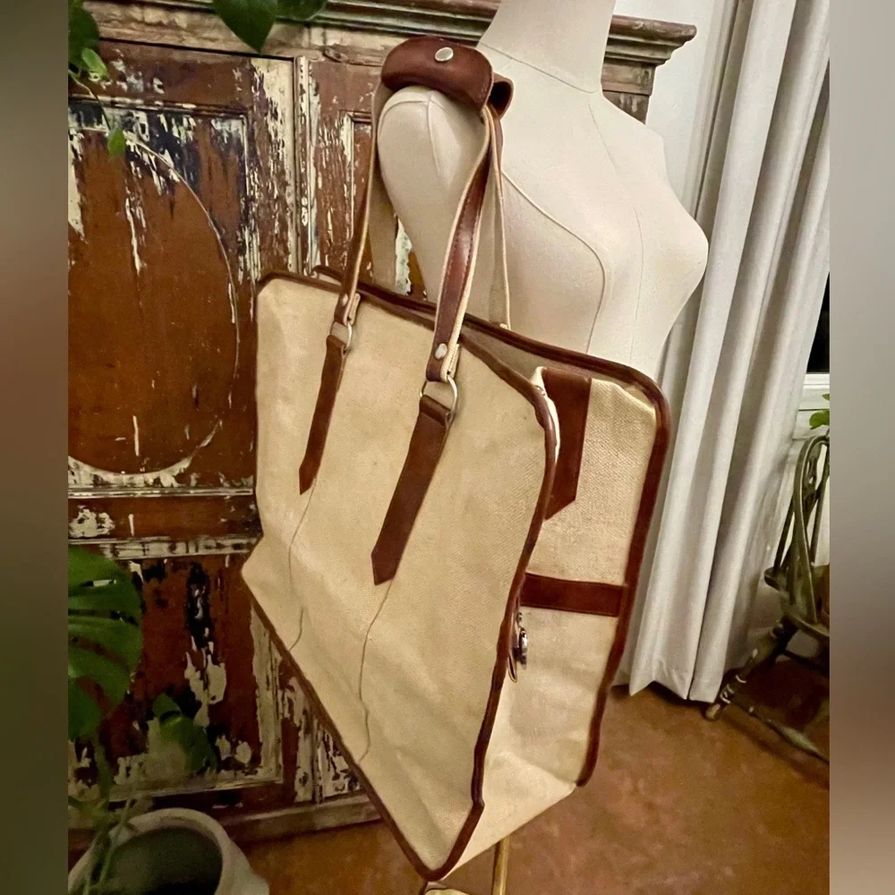 VTG Natural Canvas and Leather Weekend Travel Mason Bag with Locking Zipper